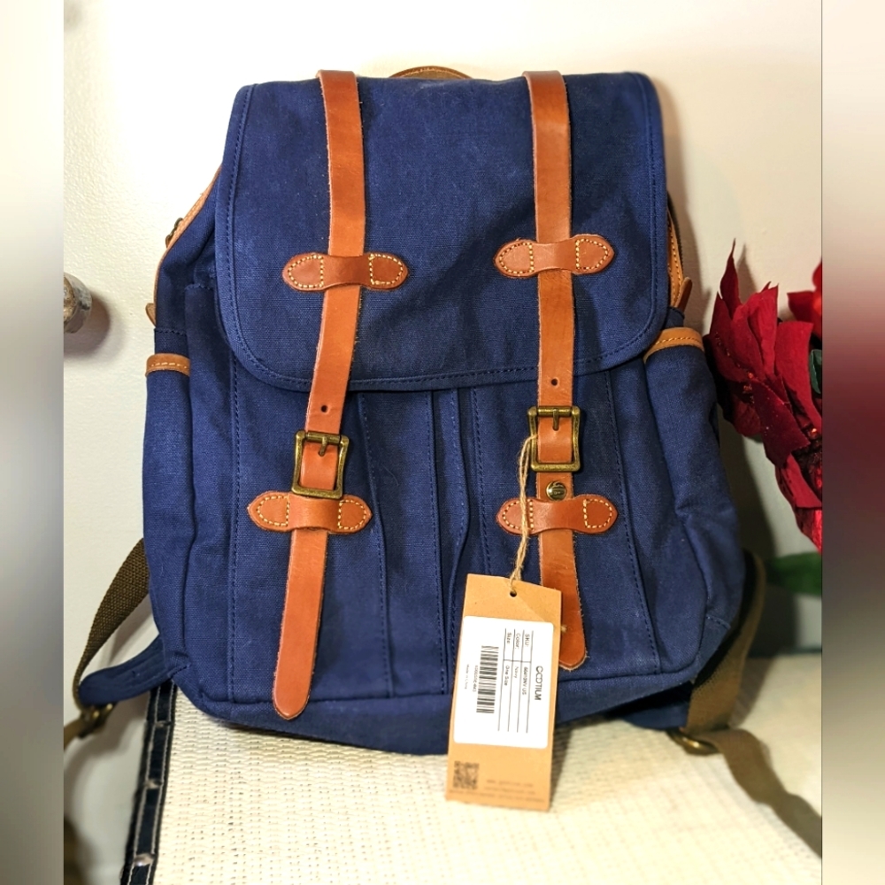 NWT Gootium leather and Canvas Backpack Laptop bag Navy